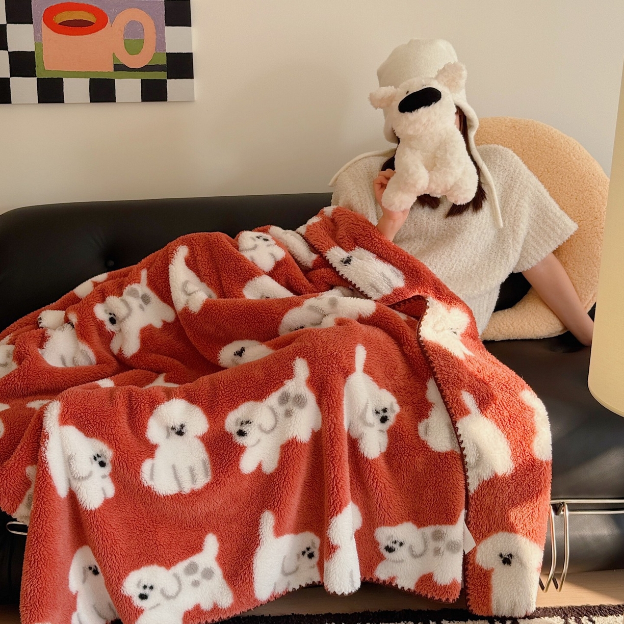 91家纺网 家纺一手货源 找家纺 顾里家纺 2025新款韩系卡通云朵绒盖毯 旺旺狗仔