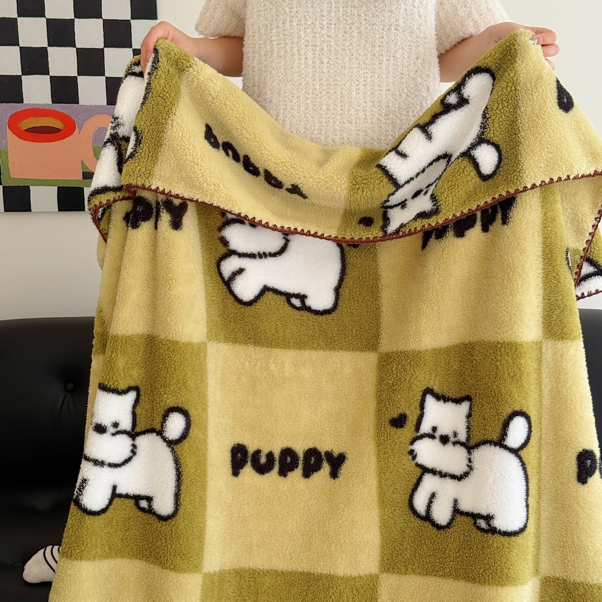 顾里家纺 2025新款韩系卡通云朵绒盖毯 方块小狗