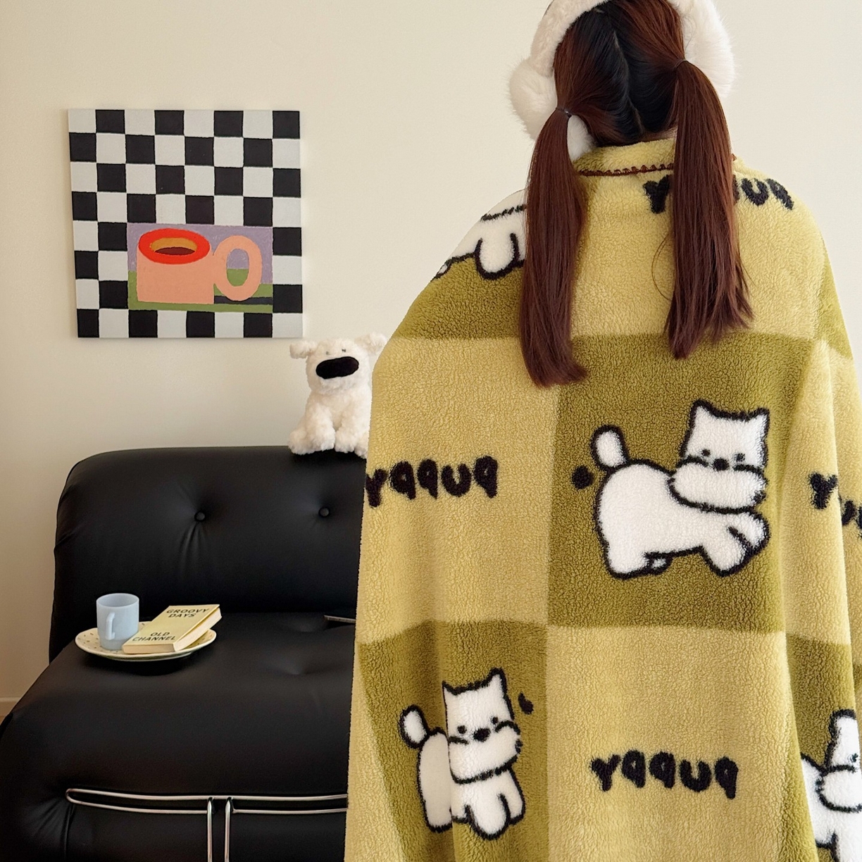 91家纺网 家纺一手货源 找家纺 顾里家纺 2025新款韩系卡通云朵绒盖毯 方块小狗