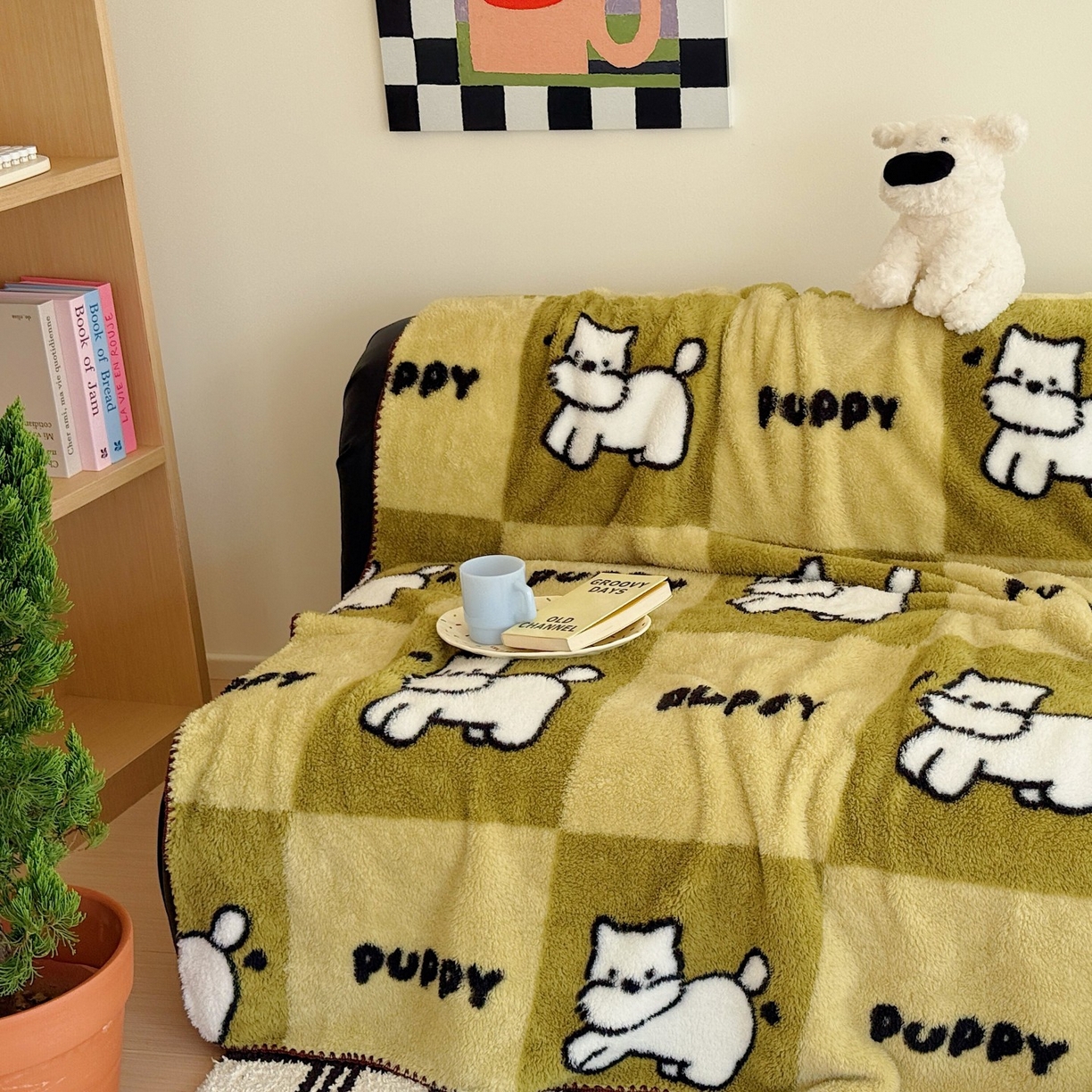 91家纺网 家纺一手货源 找家纺 顾里家纺 2025新款韩系卡通云朵绒盖毯 方块小狗