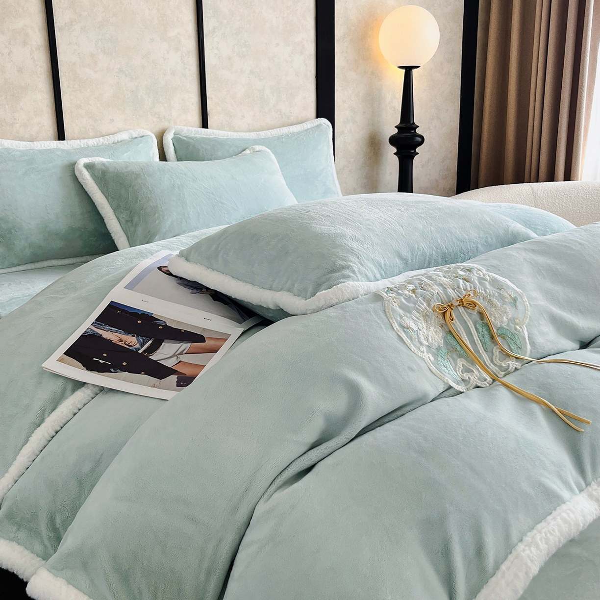 诺梵家纺 2025新款兔毛包边中式绣花四件套-苏颜 苏颜-绿