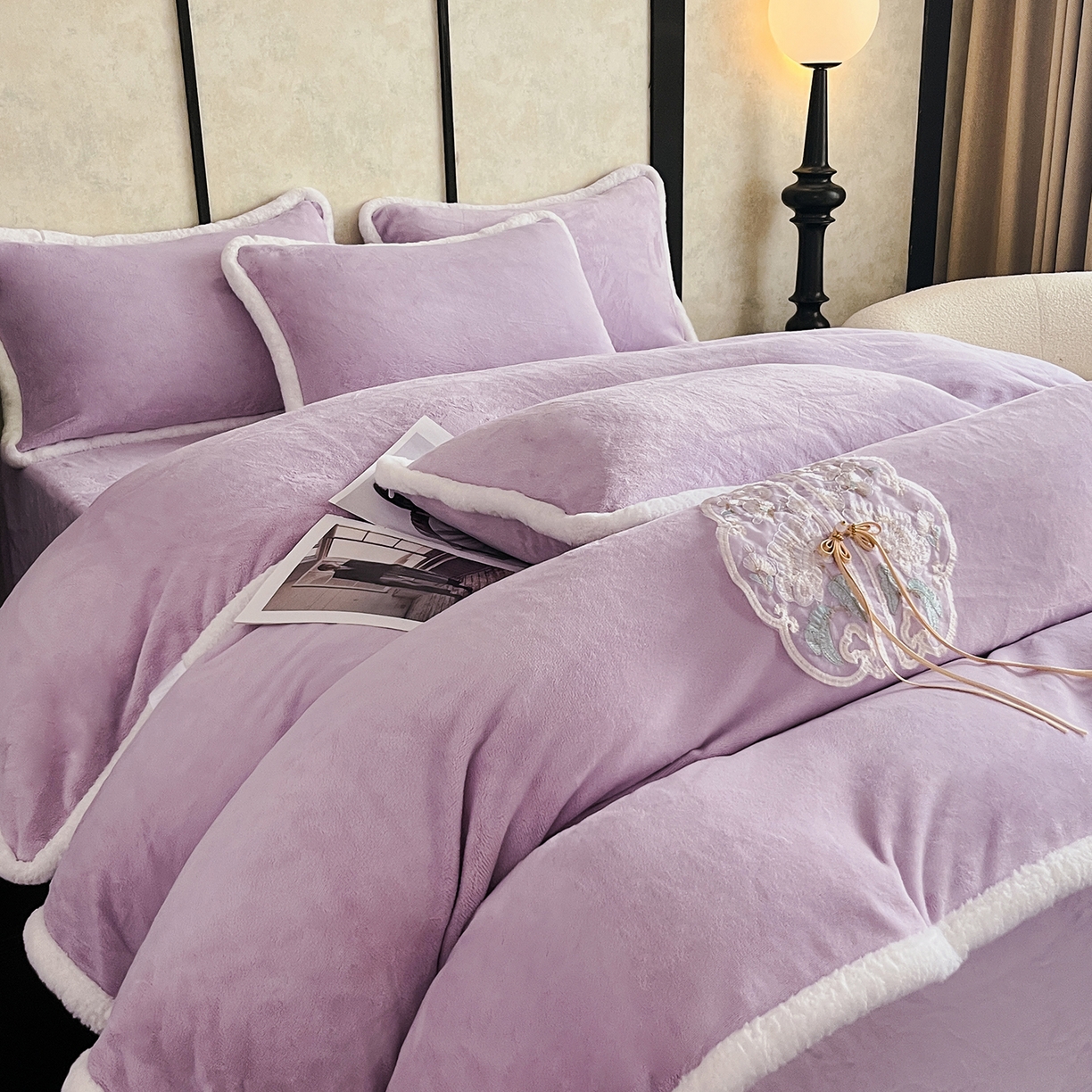 诺梵家纺 2025新款兔毛包边中式绣花四件套-苏颜 苏颜-紫