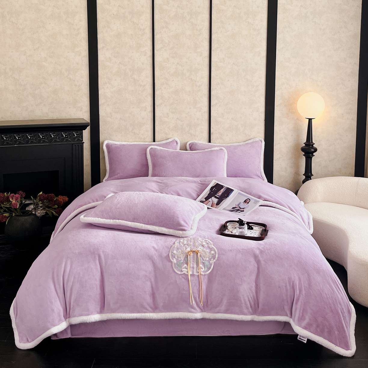 91家纺网 家纺一手货源 找家纺 诺梵家纺 2025新款兔毛包边中式绣花四件套-苏颜 苏颜-紫