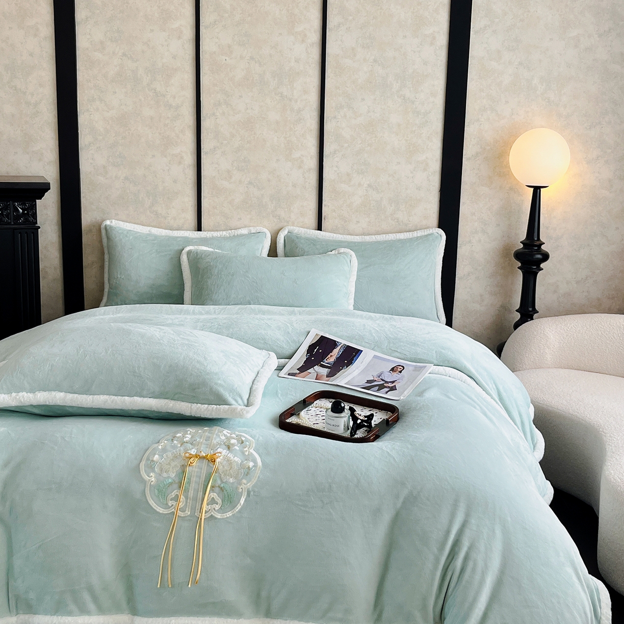 91家纺网 家纺一手货源 找家纺 诺梵家纺 2025新款兔毛包边中式绣花四件套-苏颜 苏颜-绿