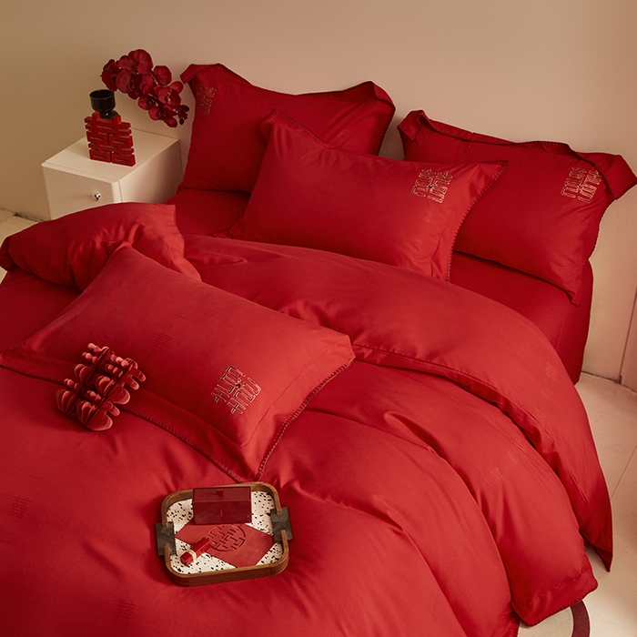 91家纺网 家纺一手货源 找家纺 （总）置顶家纺 2024新款今囍婚庆提花刺绣四件套