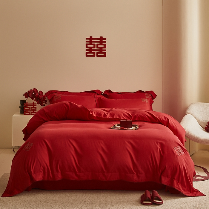 91家纺网 家纺一手货源 找家纺 （总）置顶家纺 2024新款今囍婚庆提花刺绣四件套