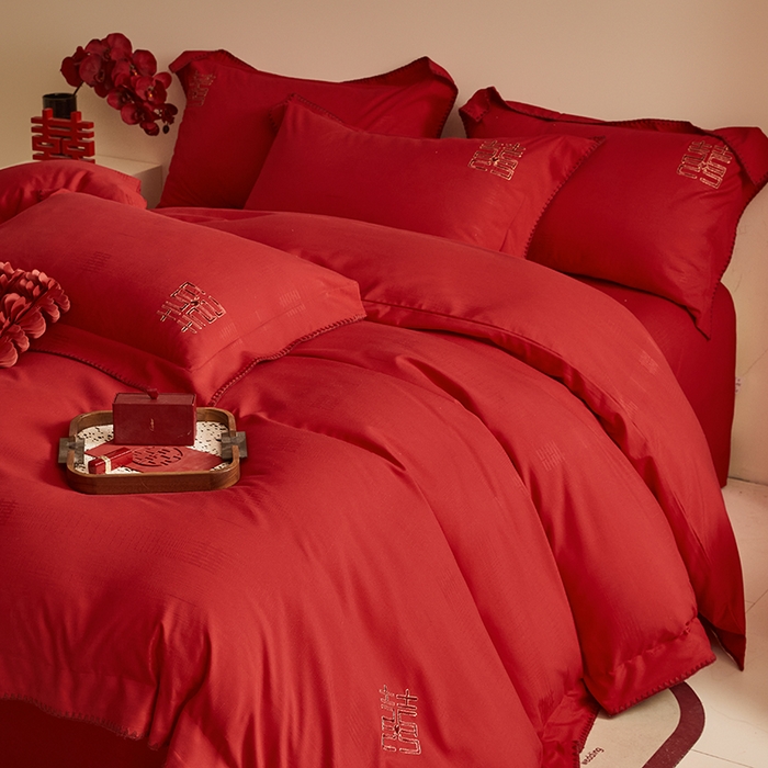 91家纺网 家纺一手货源 找家纺 （总）置顶家纺 2024新款今囍婚庆提花刺绣四件套