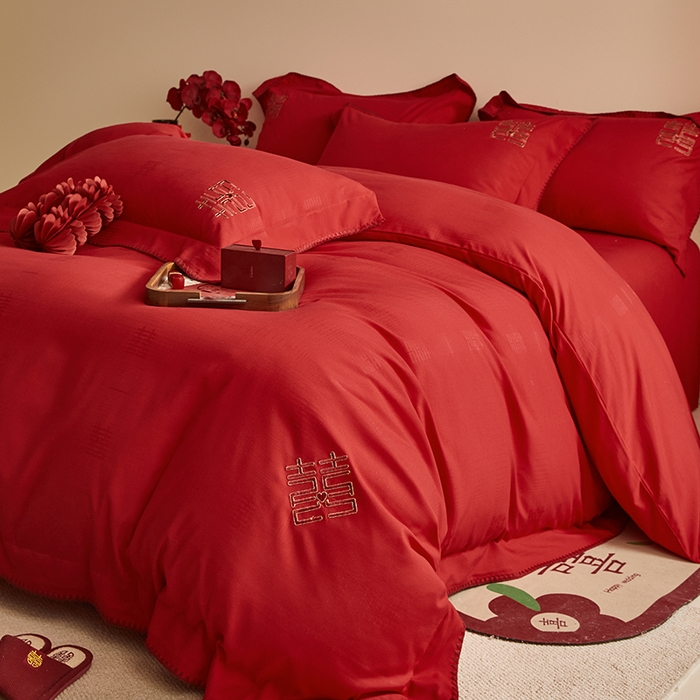 91家纺网 家纺一手货源 找家纺 （总）置顶家纺 2024新款今囍婚庆提花刺绣四件套