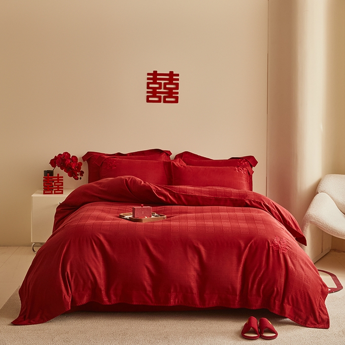 91家纺网 家纺一手货源 找家纺 （总）置顶家纺 2024新款今囍婚庆提花刺绣四件套