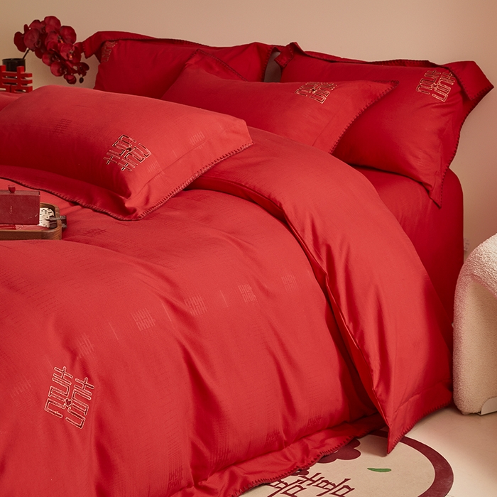 91家纺网 家纺一手货源 找家纺 （总）置顶家纺 2024新款今囍婚庆提花刺绣四件套