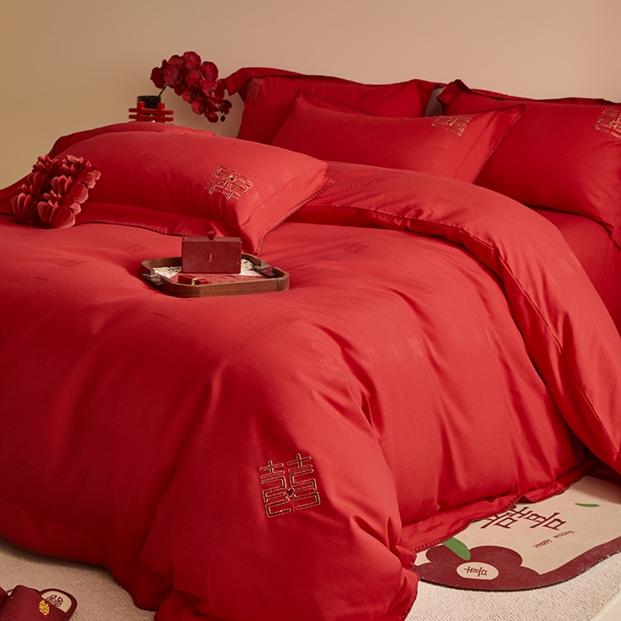 91家纺网 家纺一手货源 找家纺 （总）置顶家纺 2024新款今囍婚庆提花刺绣四件套