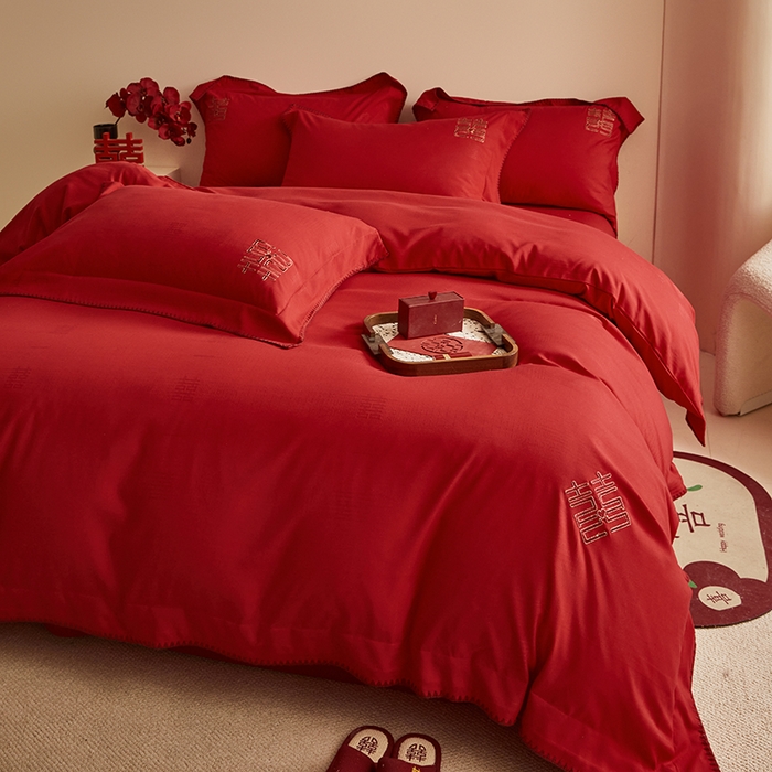 91家纺网 家纺一手货源 找家纺 （总）置顶家纺 2024新款今囍婚庆提花刺绣四件套