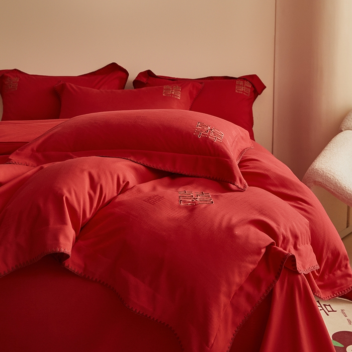 91家纺网 家纺一手货源 找家纺 （总）置顶家纺 2024新款今囍婚庆提花刺绣四件套