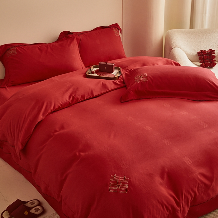 91家纺网 家纺一手货源 找家纺 （总）置顶家纺 2024新款今囍婚庆提花刺绣四件套