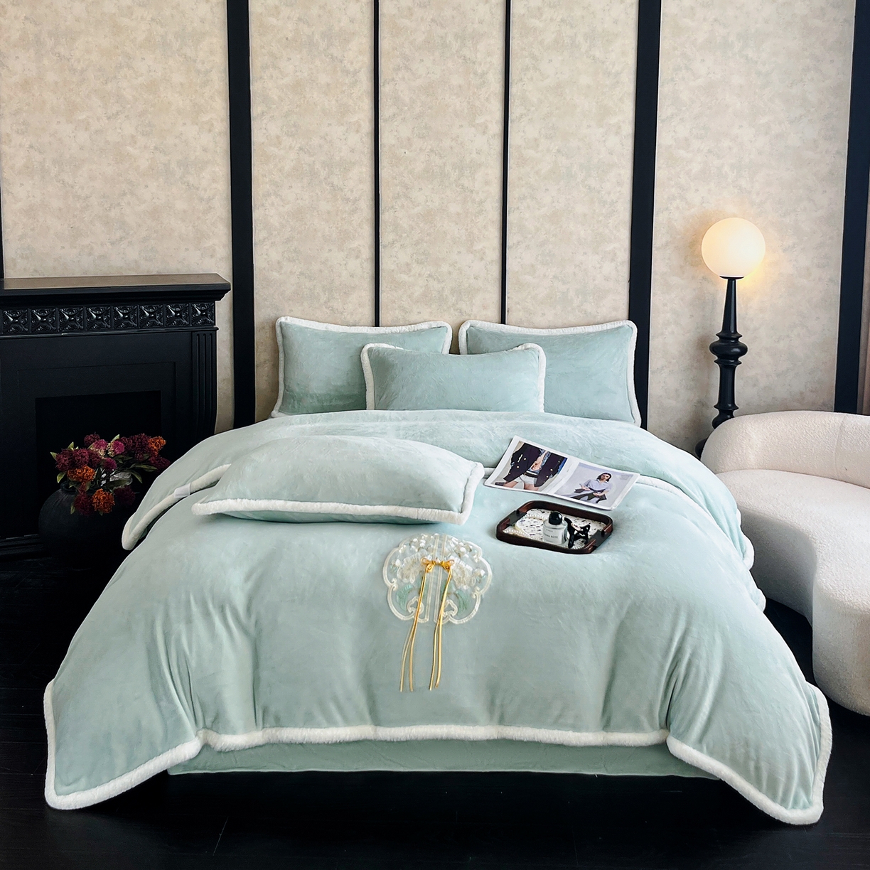 91家纺网 家纺一手货源 找家纺 诺梵家纺 2025新款兔毛包边中式绣花四件套-苏颜 苏颜-绿