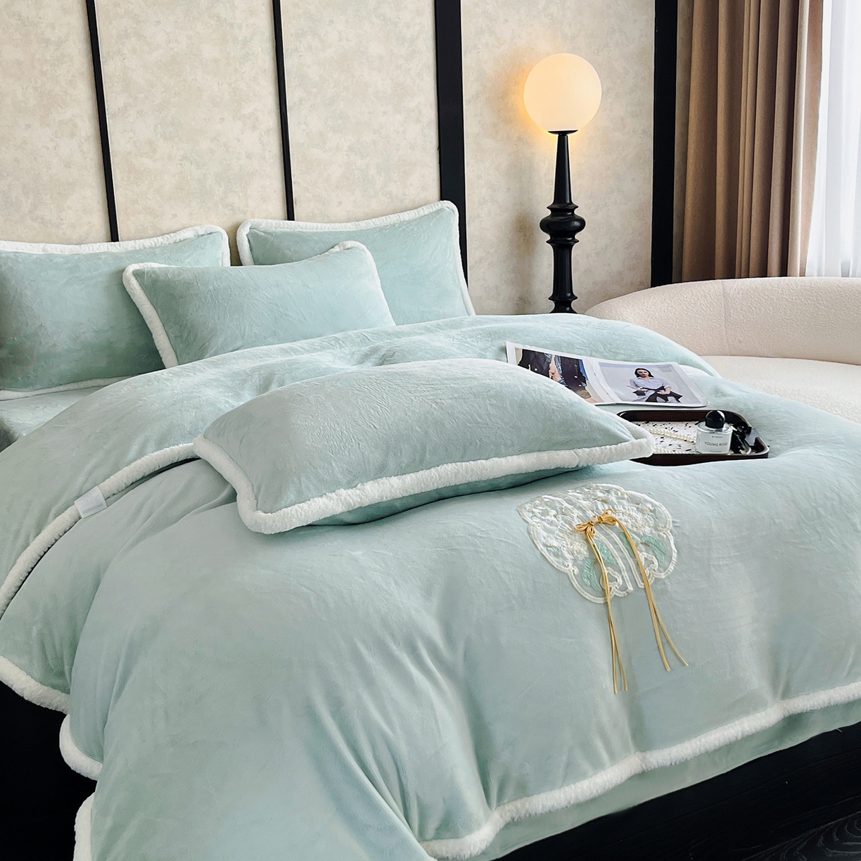 91家纺网 家纺一手货源 找家纺 诺梵家纺 2025新款兔毛包边中式绣花四件套-苏颜 苏颜-绿