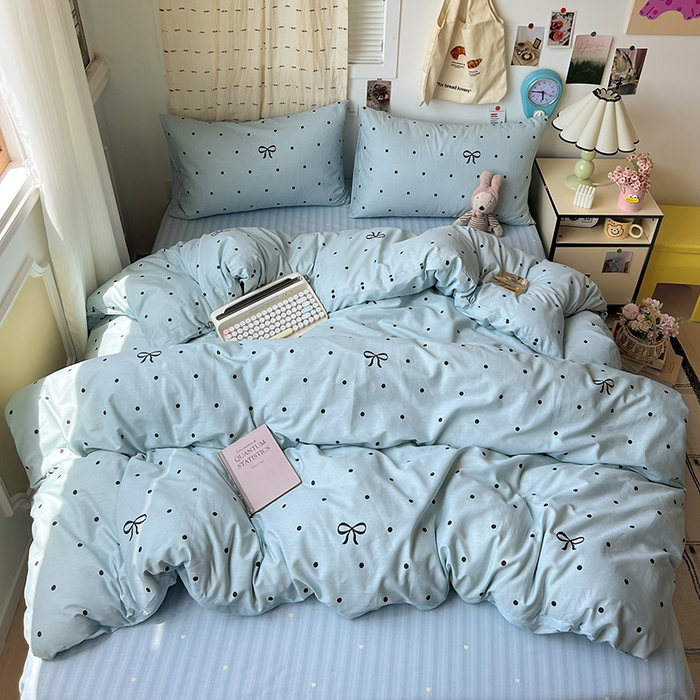 91家纺网 家纺一手货源 找家纺 耀悦家纺 2025新款40支全棉纯棉四件套ins卡通可爱风简约 波点蝴蝶结