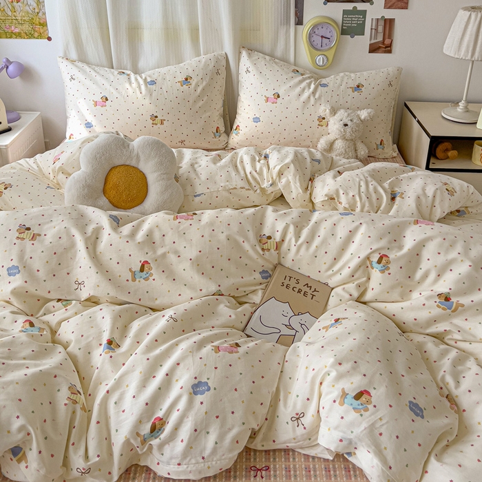 91家纺网 家纺一手货源 找家纺 耀悦家纺 2025新款40支全棉纯棉四件套ins卡通可爱风简约 彩色波点腊肠狗