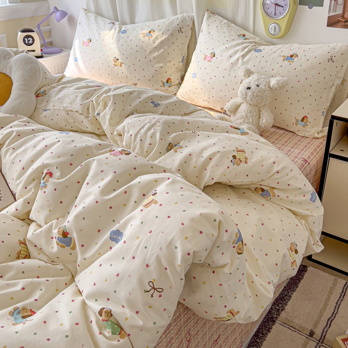 91家纺网 家纺一手货源 找家纺 耀悦家纺 2025新款40支全棉纯棉四件套ins卡通可爱风简约 彩色波点腊肠狗