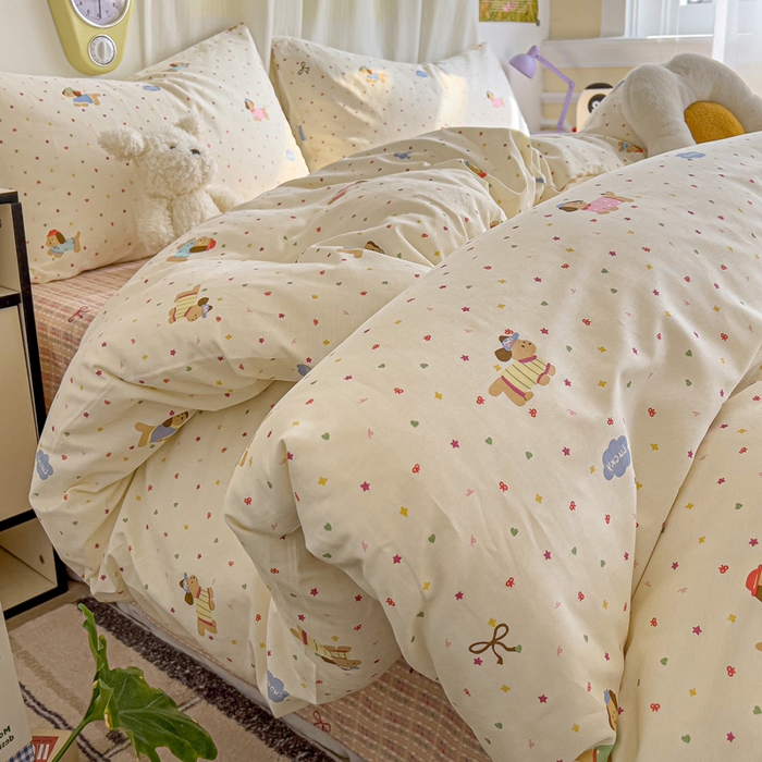 91家纺网 家纺一手货源 找家纺 耀悦家纺 2025新款40支全棉纯棉四件套ins卡通可爱风简约 彩色波点腊肠狗