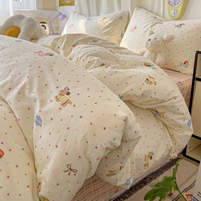 91家纺网 家纺一手货源 找家纺 耀悦家纺 2025新款40支全棉纯棉四件套ins卡通可爱风简约 彩色波点腊肠狗