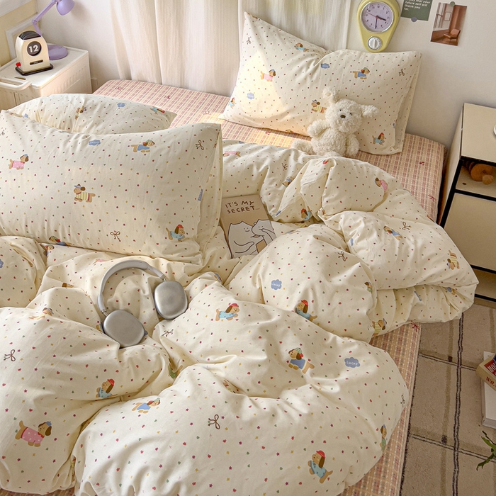 91家纺网 家纺一手货源 找家纺 耀悦家纺 2025新款40支全棉纯棉四件套ins卡通可爱风简约 彩色波点腊肠狗