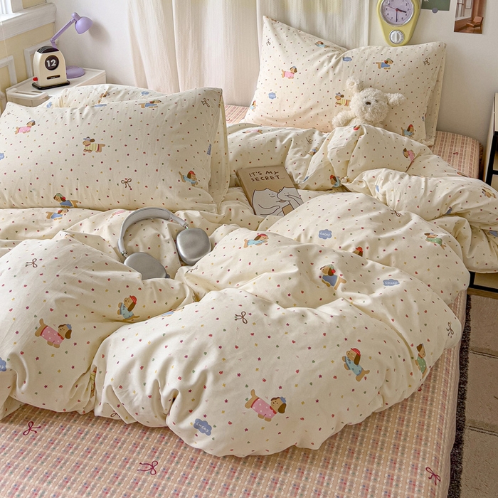 91家纺网 家纺一手货源 找家纺 耀悦家纺 2025新款40支全棉纯棉四件套ins卡通可爱风简约 彩色波点腊肠狗