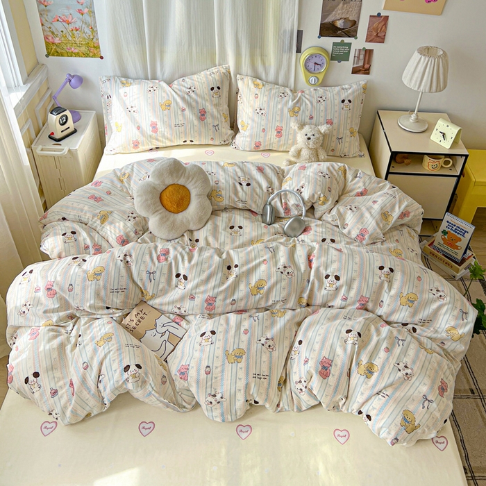 91家纺网 家纺一手货源 找家纺 耀悦家纺 2025新款40支全棉纯棉四件套ins卡通可爱风简约 蓝条萌宠趴