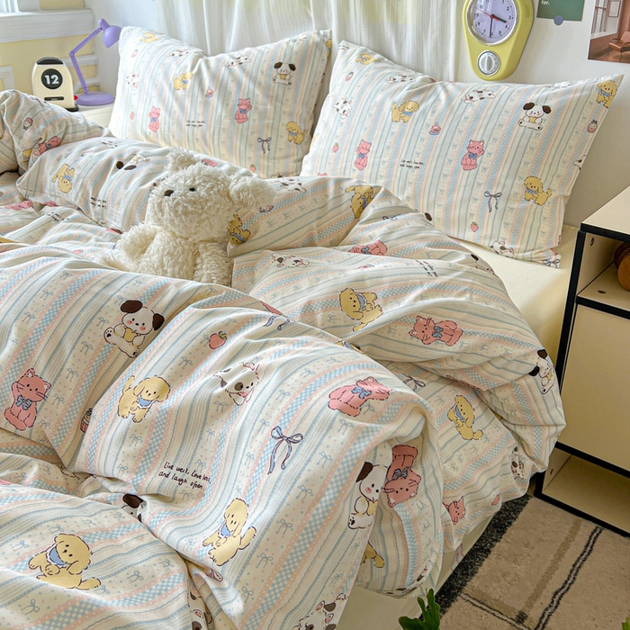 91家纺网 家纺一手货源 找家纺 耀悦家纺 2025新款40支全棉纯棉四件套ins卡通可爱风简约 蓝条萌宠趴