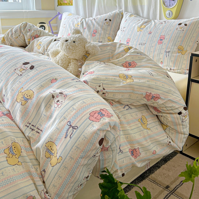 91家纺网 家纺一手货源 找家纺 耀悦家纺 2025新款40支全棉纯棉四件套ins卡通可爱风简约 蓝条萌宠趴