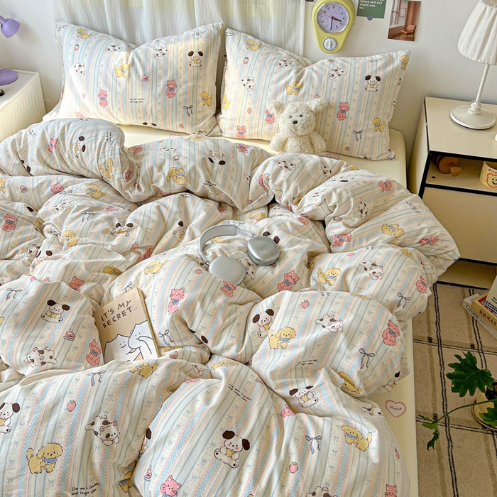 91家纺网 家纺一手货源 找家纺 耀悦家纺 2025新款40支全棉纯棉四件套ins卡通可爱风简约 蓝条萌宠趴