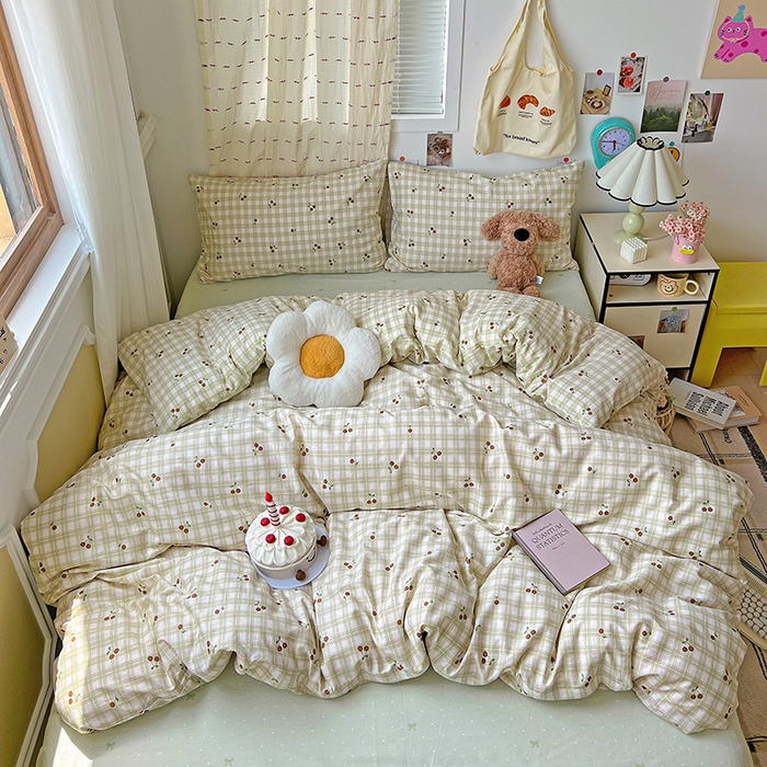 91家纺网 家纺一手货源 找家纺 耀悦家纺 2025新款40支全棉纯棉四件套ins卡通可爱风简约 阡陌樱桃