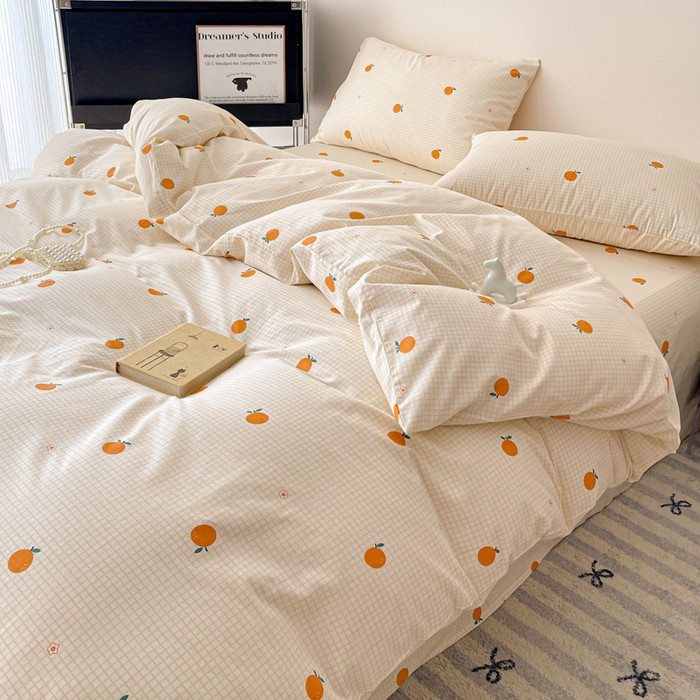 91家纺网 家纺一手货源 找家纺 耀悦家纺 2025新款40支全棉纯棉四件套ins卡通可爱风简约 小柑橘