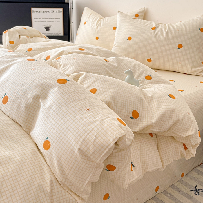 91家纺网 家纺一手货源 找家纺 耀悦家纺 2025新款40支全棉纯棉四件套ins卡通可爱风简约 小柑橘