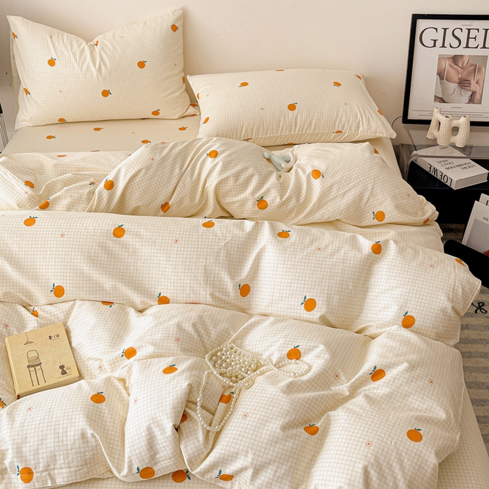 91家纺网 家纺一手货源 找家纺 耀悦家纺 2025新款40支全棉纯棉四件套ins卡通可爱风简约 小柑橘