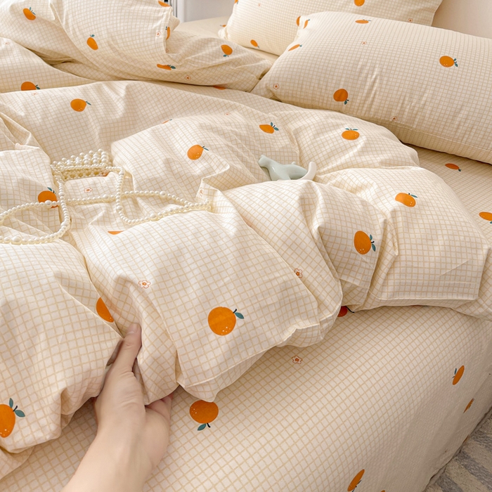 91家纺网 家纺一手货源 找家纺 耀悦家纺 2025新款40支全棉纯棉四件套ins卡通可爱风简约 小柑橘