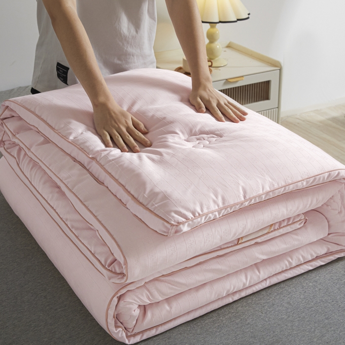 91家纺网 家纺一手货源 找家纺 置顶家纺 2024新款贡缎提花大豆纤维被子被芯--棚拍图 串串格-果粉