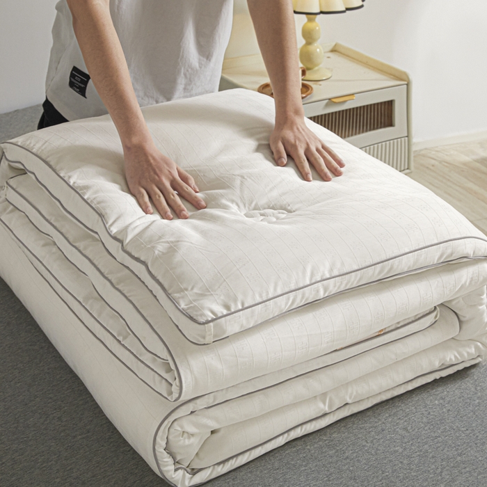 91家纺网 家纺一手货源 找家纺 置顶家纺 2024新款贡缎提花大豆纤维被子被芯--棚拍图 串串格-大气白色