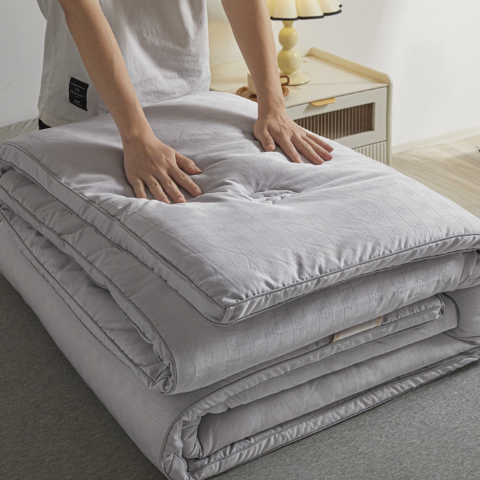 91家纺网 家纺一手货源 找家纺 置顶家纺 2024新款贡缎提花大豆纤维被子被芯--棚拍图 串串格-经典灰