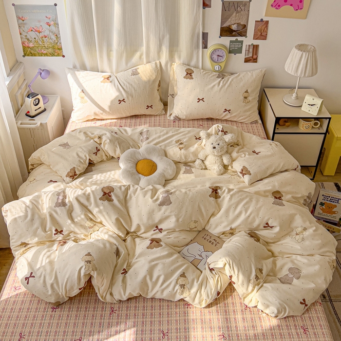 91家纺网 家纺一手货源 找家纺 耀悦家纺 2025新款40支全棉纯棉四件套ins卡通可爱风简约 优雅蝴蝶结小狗