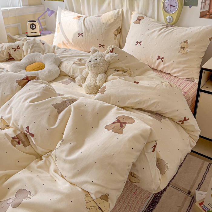 91家纺网 家纺一手货源 找家纺 耀悦家纺 2025新款40支全棉纯棉四件套ins卡通可爱风简约 优雅蝴蝶结小狗