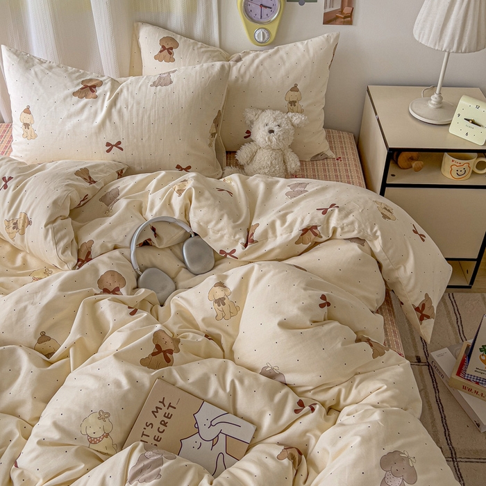 91家纺网 家纺一手货源 找家纺 耀悦家纺 2025新款40支全棉纯棉四件套ins卡通可爱风简约 优雅蝴蝶结小狗