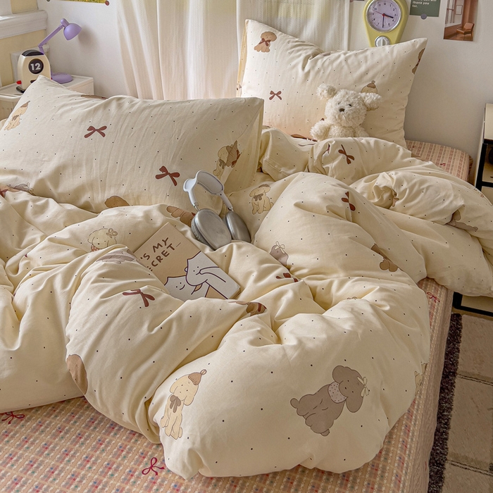 91家纺网 家纺一手货源 找家纺 耀悦家纺 2025新款40支全棉纯棉四件套ins卡通可爱风简约 优雅蝴蝶结小狗