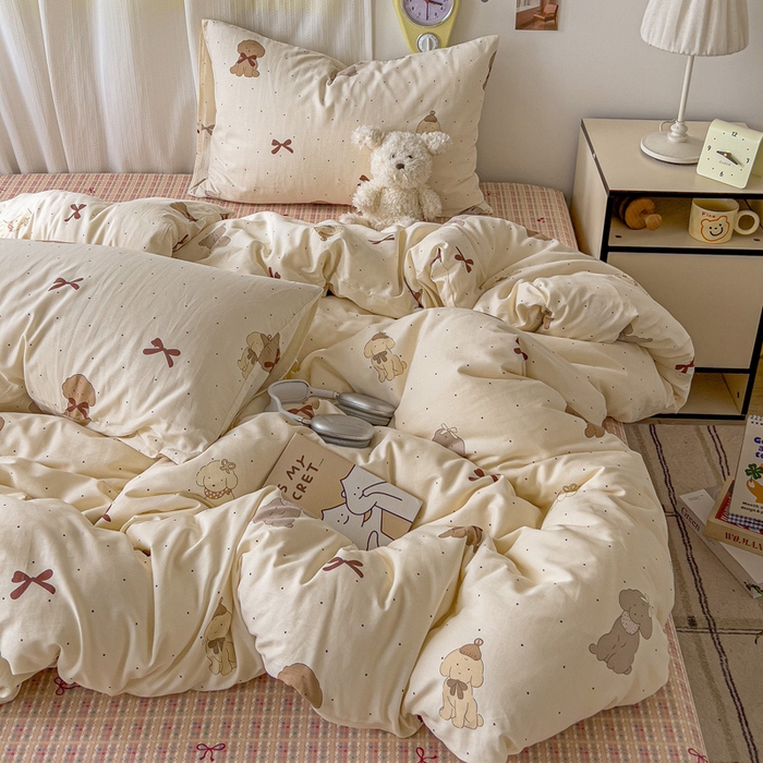 91家纺网 家纺一手货源 找家纺 耀悦家纺 2025新款40支全棉纯棉四件套ins卡通可爱风简约 优雅蝴蝶结小狗