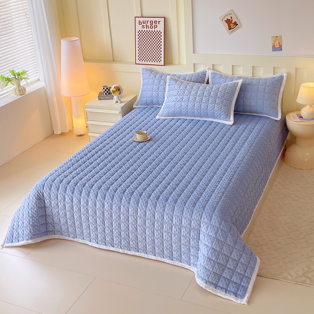 91家纺网 家纺一手货源 找家纺 金鑫汇家纺 2025秋冬纯色豆豆绒床褥垫系列-加大床 加大床豆豆绒床褥垫蓝色