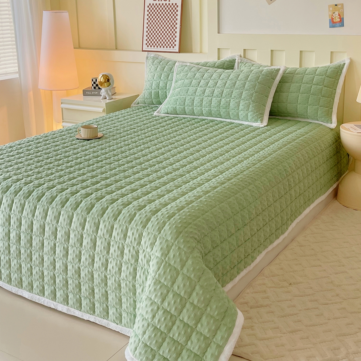 91家纺网 家纺一手货源 找家纺 金鑫汇家纺 2025秋冬纯色豆豆绒床褥垫系列-加大床 加大床豆豆绒床褥垫绿色