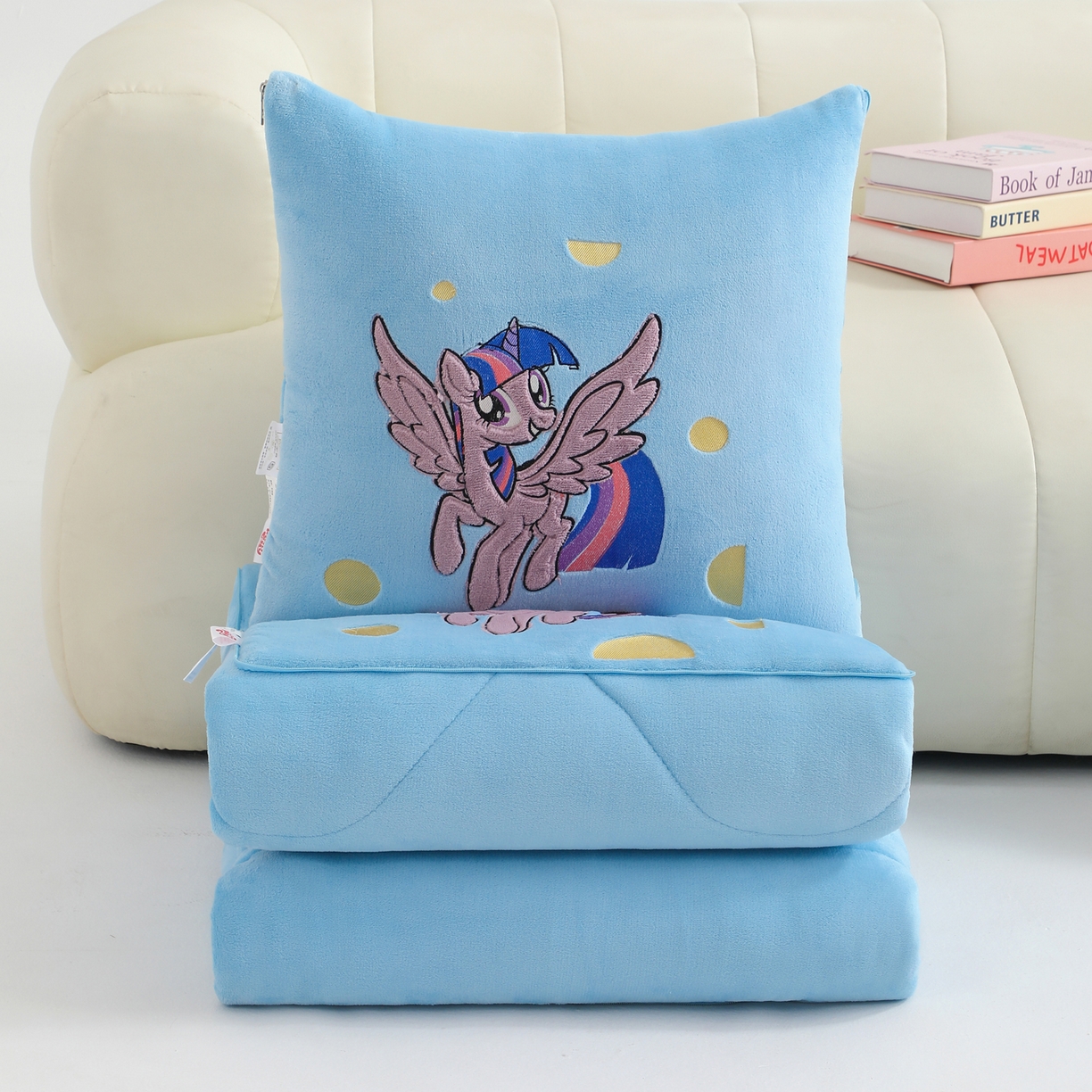 91家纺网 家纺一手货源 找家纺 照世家纺 2025新款小马宝莉抗菌棉抱枕被（低于零售价的链接 一经发现直接投诉下架 感谢大家的支持 控价是优惠券后不能低于40的89,45的109,50的139） 紫悦-蓝色