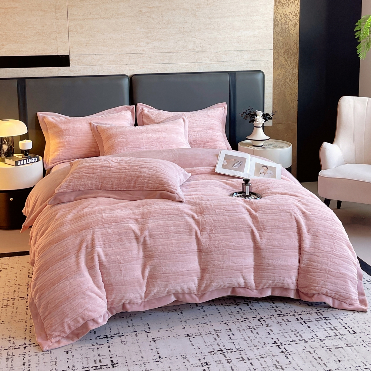 91家纺网 家纺一手货源 找家纺 （总）春皖家纺 2025新款波浪兔毛绒牛奶绒四件套-冬日暖阳