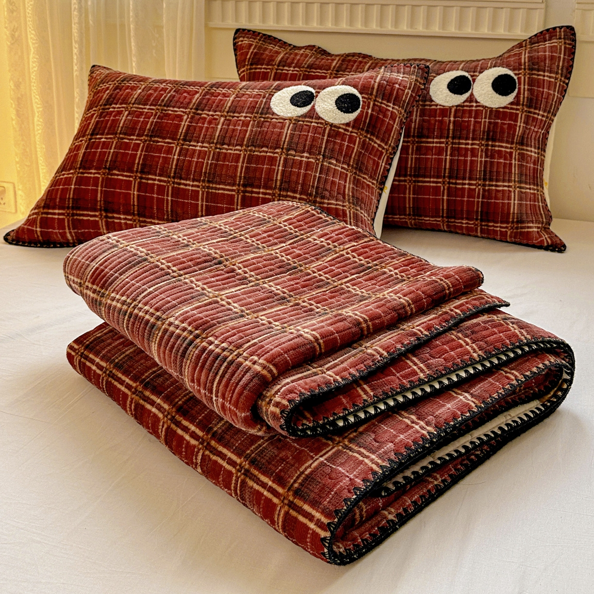 91家纺网 家纺一手货源 找家纺 格真 2025新款无印风贝壳绣三角针牛奶绒床盖三件套大眼萌枕套双面可用 凯瑟琳红格