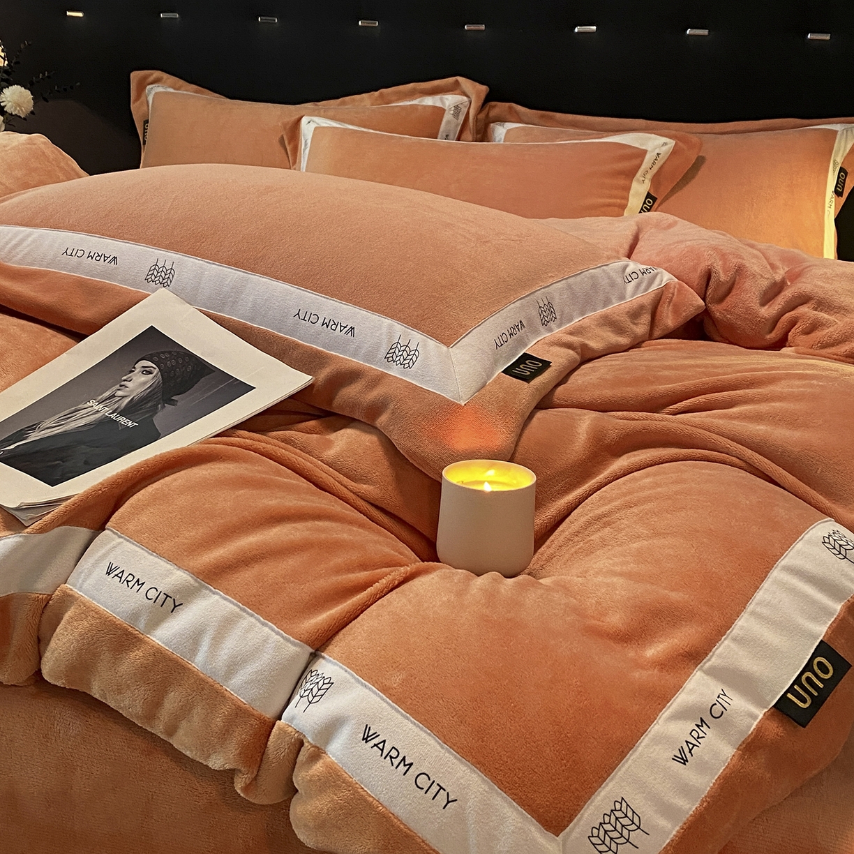 吾诺家居 吾诺 2025 织带款牛奶绒四件套 纯色牛奶绒套件 - 格调系列 格调-桔色